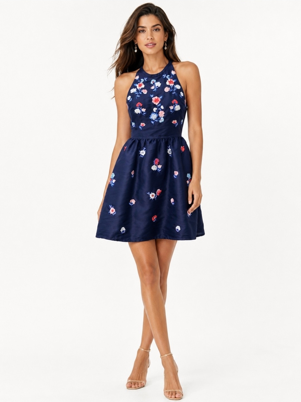 Kate Spade Pom Embroidered Floral Halter Dress Navy Size 8 Wedding Guest Hampton